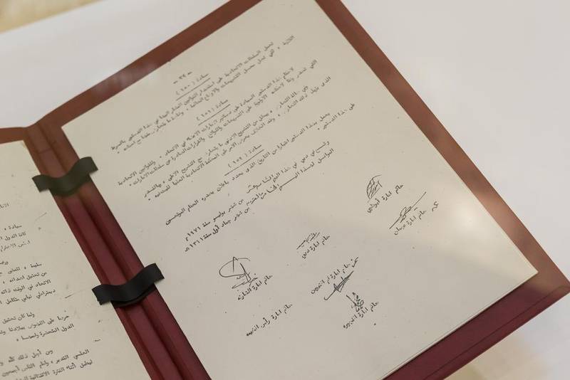 A copy of the original constitution signed by all seven rulers of the Emirates. Antonie Robertson / The National