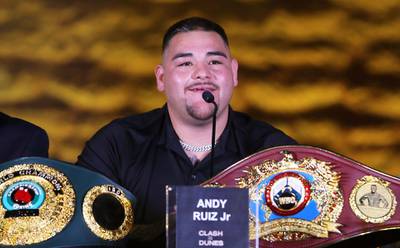 Andy Ruiz Jr addresses the media during a press conference for "Clash on the Dunes". EPA