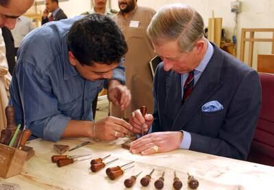 Charles, Prince of Wales at the time, visits the College of Islamic Art at Salt University in Amman, Jordan, in 2004. Getty