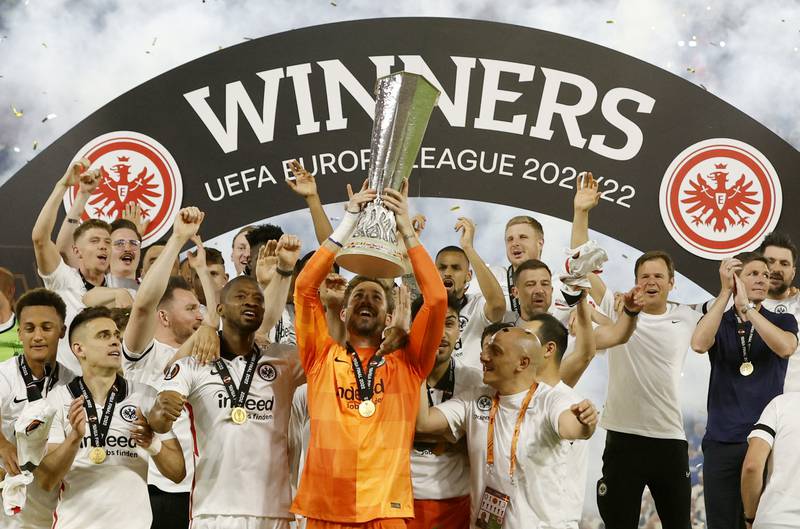 Eintracht Frankfurt players celebrate with the trophy after winning the Europa League. Reuters