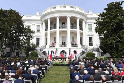 US President Donald Trump speaks from the Truman Balcony at the White House during the signing ceremony of the Abraham Accord. AFP