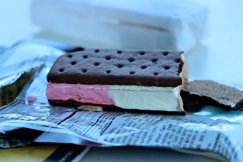 A freeze-dried ice cream sandwich, typically prepared for astronauts in space.
