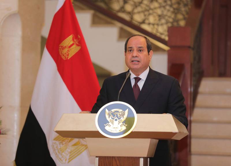Egyptian President Abdel Fattah al-Sisi holds a news conference with the Chairman of the Sovereignty Council of Sudan Gen. Abdel Fattah Abdelrahman al-Burhan at the Presidential Palace in Khartoum, Sudan, Saturday, March. 6, 2021.  Egypt's presidency says President Abdel Fattah el-Sissi trip was to address an array of issues, including economic and military ties and the two nationsâ€™ dispute with Ethiopia over a massive dam Addis Ababa is building on the Blue Nile. The visit comes amid a rapprochement between the two governments. (Presidency of Sudan via AP)