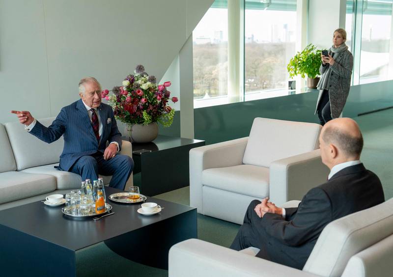King Charles meets German Chancellor Olaf Scholz at the Chancellery in Berlin. AFP