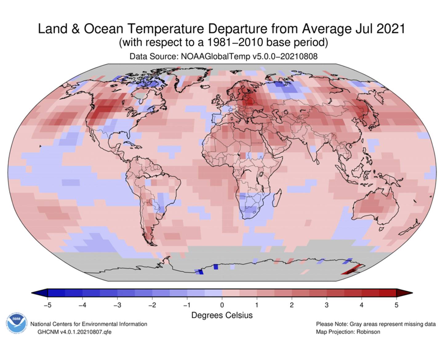 This image made available by the NOAA shows temperature differences from average values in July 2021 around the world. AP