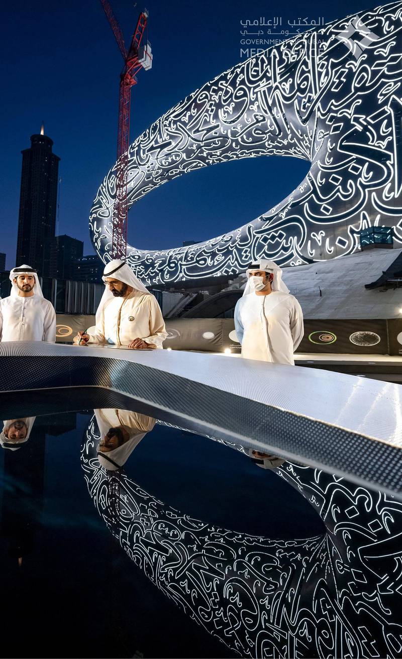 Sheikh Mohammed bin Rashid attends a ceremony to mark the completion of the facade of the Museum of the Future, accompanied by Sheikh Hamdan bin Mohammed, Dubai Crown Prince and Sheikh Maktoum bin Mohammed, Deputy Ruler of Dubai.