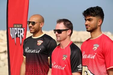 Captain Colin Munro with Tymal Mills (L) and Ali Naseer (R). Desert Vipers jersey launch and press conference ahead of the International League T20. Chris Whiteoak / The National