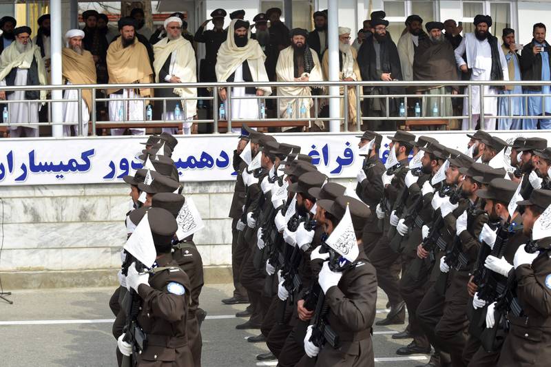 Recruits march during their graduation ceremony at the police academy in Kabul, Afghanistan.  AFP