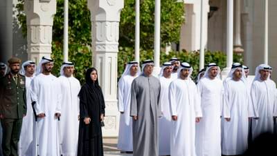 Sheikh Mansour at the flag-raising ceremony at Qasr Al Watan, as the country marked Flag Day. WAM