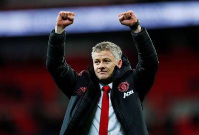 Manchester United interim manager Ole Gunnar Solskjaer celebrates at the end of the match against Tottenham Hotspur at Wembley Stadium, London. Reuters