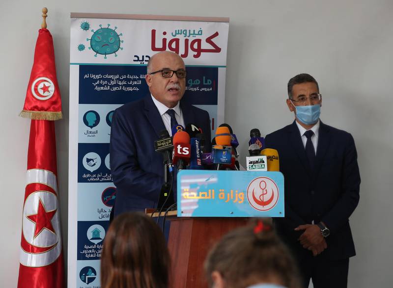 Tunisian Health Minister Faouzi Mehdi speaks during a press conference with the Minister of the Interior Taoufik Charfeddine in Tunis, Tunisia. According to Mehdi, his ministry is currently working to increase the number of resuscitation beds through the creation of field hospitals in cooperation with the ministry of National Defense and civil society, in an effort to ease the strain on hospitals that are under pressure from the increasing numbers of COVID-19 cases.  EPA