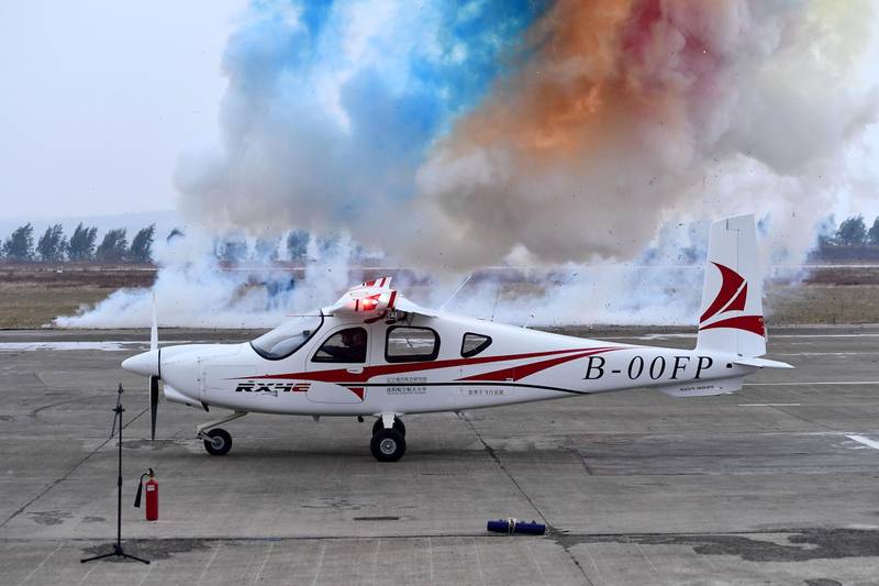 SHENYANG, CHINA - OCTOBER 28: China's first self-developed four-seater electric airplane RX4E prepares to make maiden flight at Caihu Airport on October 28, 2019 in Shenyang, Liaoning Province of China. The 1,200 kg aircraft is 8.4 meters long with a wingspan of 13.5 meters. Developed by Liaoning General Aviation Academy, the four-seater aircraft can fly about 1.5 hours for a single flight. (Photo by VCG/VCG via Getty Images)