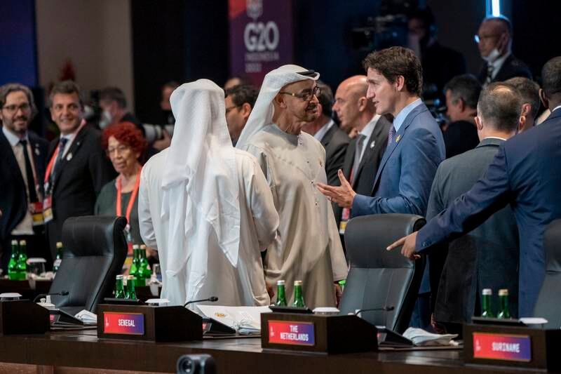 Canadian Prime Minister Justin Trudeau in conversation with Sheikh Mohamed. 