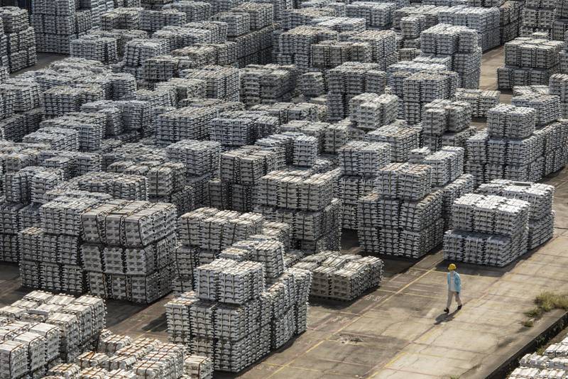 Aluminium ingots at a stockyard in Wuxi, Jiangsu province, China. The metal rose more than 40 per cent in 2021. Bloomberg