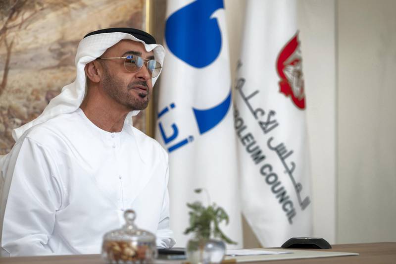 ABU DHABI, UNITED ARAB EMIRATES - November 22, 2020: HH Sheikh Mohamed bin Zayed Al Nahyan, Crown Prince of Abu Dhabi and Deputy Supreme Commander of the UAE Armed Forces (L) chairs a virtual Supreme Petroleum Council meeting.

( Hamed Al Mansoori for the Ministry of Presidential Affairs )
---