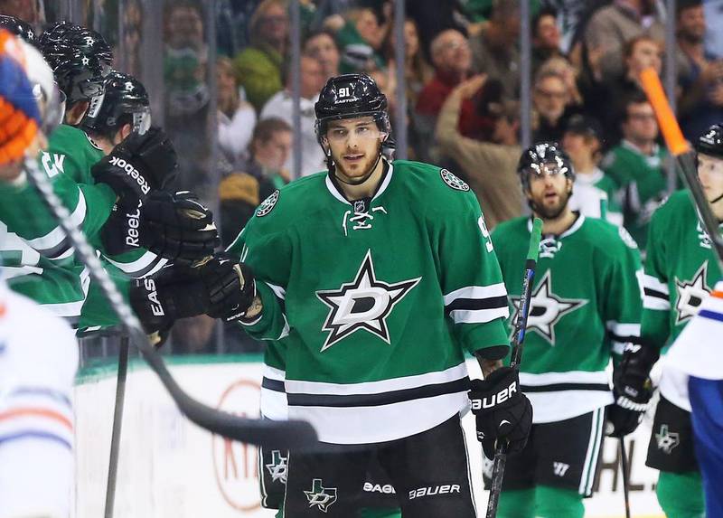 Tyler Seguin, centre, has shed some of his immaturity issues and has proved to be a natural leader on the ice for the Dallas Stars. Ronald Martinez/Getty Images/AFP