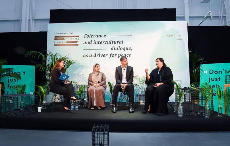 From left: Mina Al-Oraibi, Sheikha Lubna bint Khaled Al Qasimi, Rachid Benzine and Manal Ataya at a cultural conversation at Warehouse421. Courtesy Thinkers and Doers
