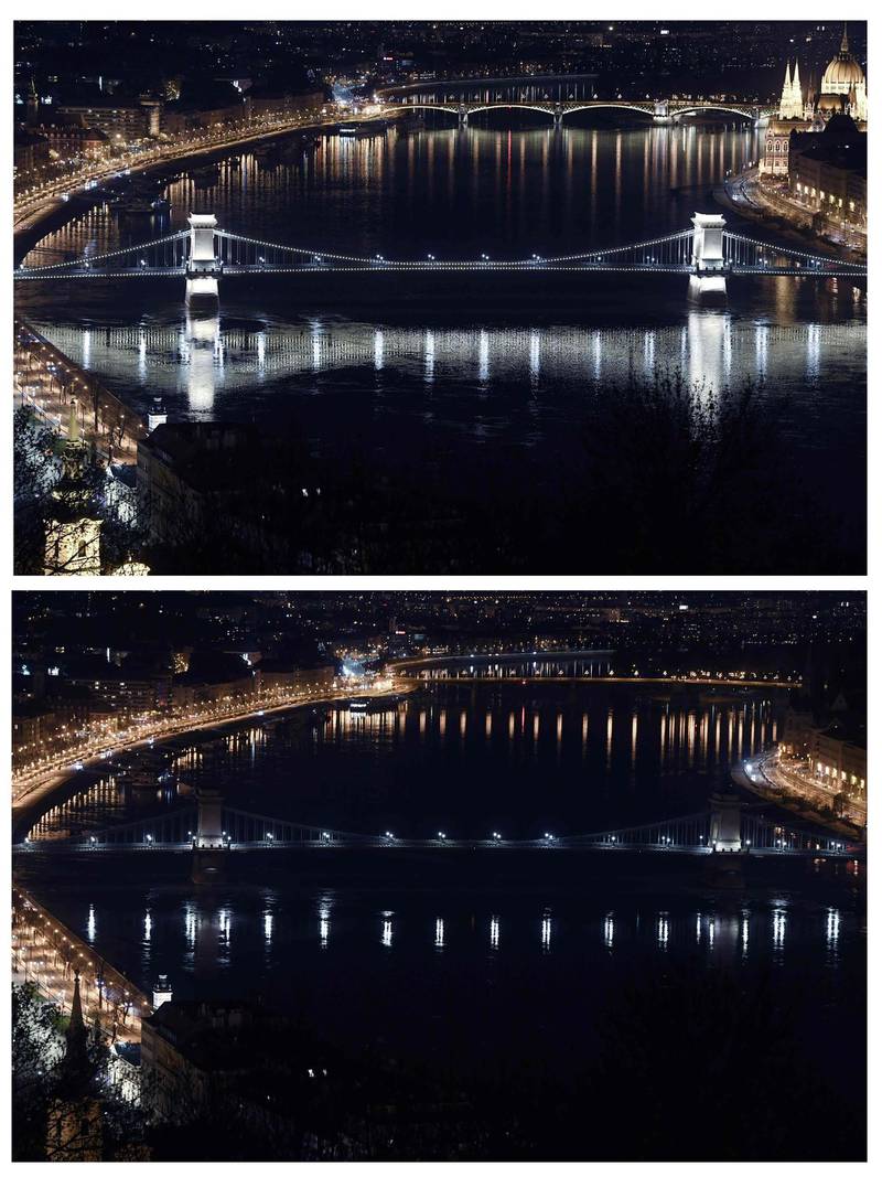 Hungary: These photos show the 'Chain Bridge' in Budapest, illuminated by white lights to honour the efforts of healthcare staff against Covid-19, before and after the city lights were switched off to mark Earth Hour. AFP