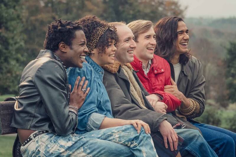 From left, Omari Douglas as Roscoe Babatunde, Lydia West as Jill Baxter, David Carlyle as Gregory Finch, Calum Scott Howells as Colin Morris-Jones and Nathaniel Curtis as Ash Mukherjee in Channel 4's 'It's a Sin'. Photo: HBO Max