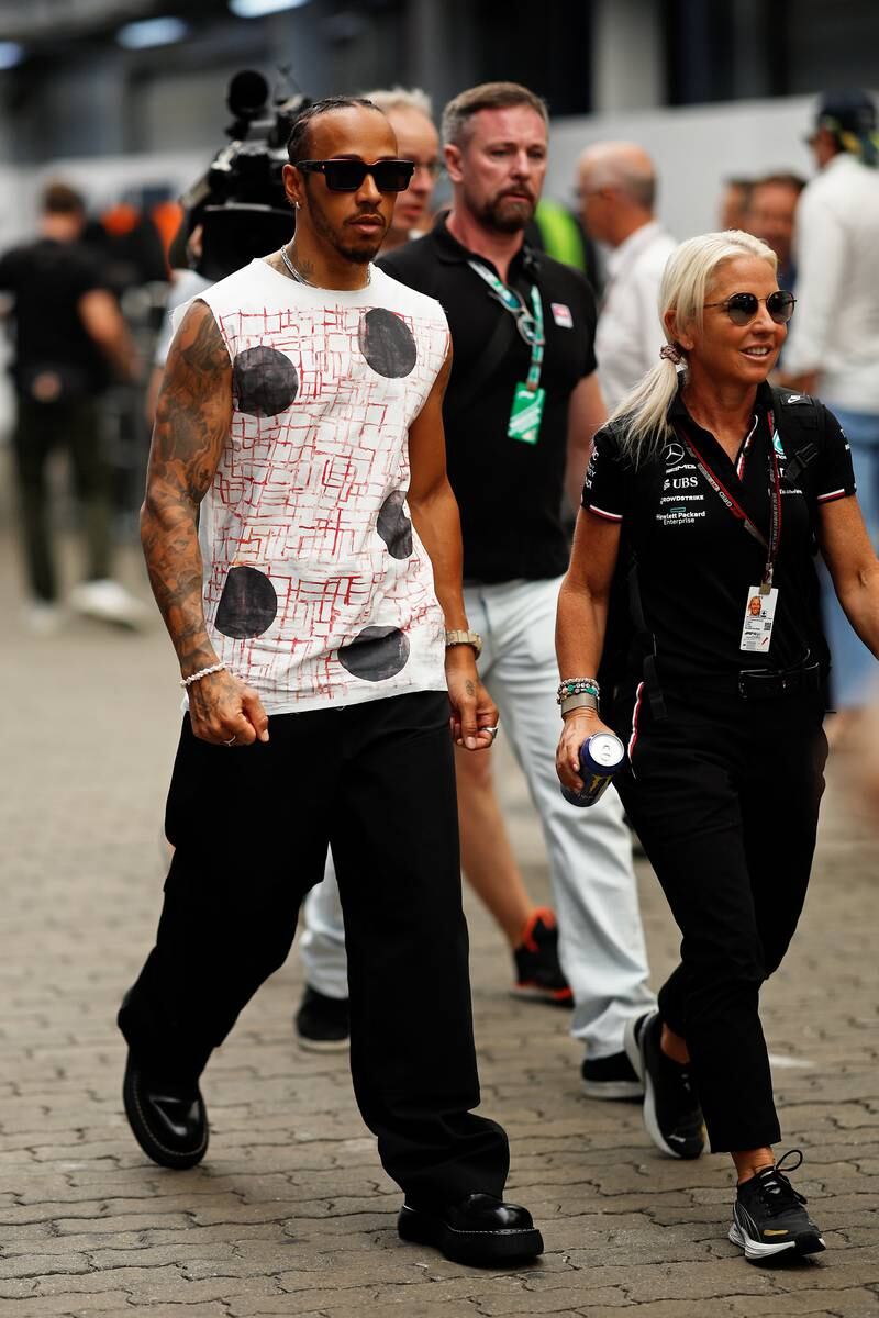 Lewis Hamilton, in a patterned tank top by Raf Simons, at the Brazilian Grand Prix in Sao Paulo. Getty Images