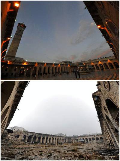 Aleppo’s Umayyad mosque on March 12, 2009, top, and on December 13, 2016. Omar Sanadiki / Reuters