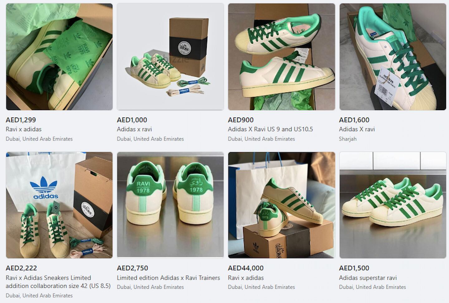 The adidas x Ravi Restaurant shoes are being listed on resale sites, including Facebook Marketplace and Dubizzle, for up to Dh44,000. Photo: Facebook