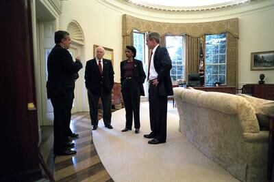 President Bush meets Mr Tenet, Vice President Cheney and Ms Rice on October 7, 2001 at the White House, the day the US invaded Afghanistan as a response to the 9/11 attacks.  George W Bush Presidential Library