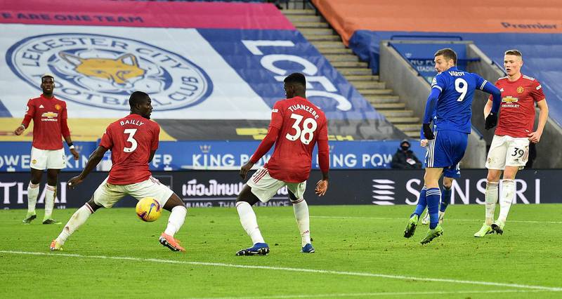 Jamie Vardy scores Leicester's equaliser against Manchester United. It was later credited to United defender Axel Tuanzebe as an own goal. EPA