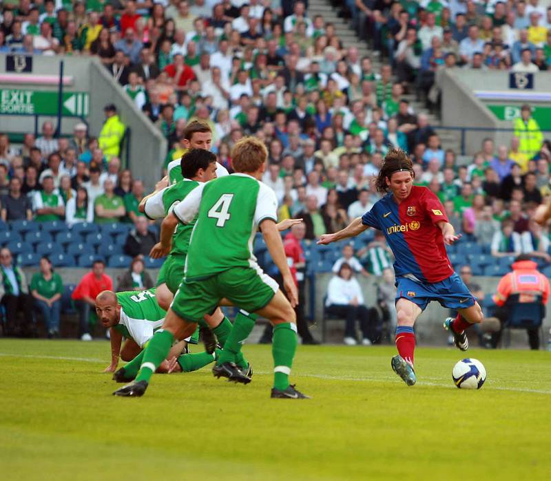 Lionel Messi scores for Barcelona during the pre-season friendly against Hibernian at Murrayfield Stadium, Edinburgh. Getty 