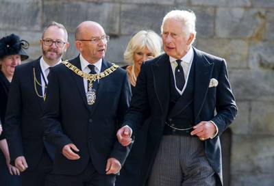 King Charles with Lord Provost of Edinburgh Robert Aldridge at the Ceremony of the Keys at the Palace of Holyroodhouse, Edinburgh. PA