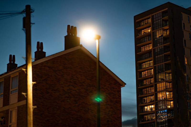 LONDON, ENGLAND - APRIL 03: Lights from a residential tower block in Tower Hamlets as seen on April 03, 2020 in London, England. People have been forced to stay at home due to social distancing measures that have been put in place to slow the spread of the Coronavirus, Covid-19 Pandemic. (Photo by Luke Dray/Getty Images)