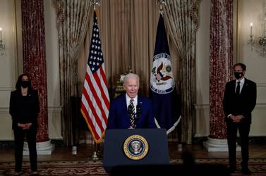 US President Joe Biden delivers a foreign policy address as Vice President Kamala Harris and Secretary of State Antony Blinken listen during a visit to the State Department in Washington, February 4, 2021. REUTERS