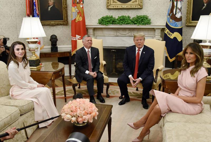 In their third summit since Mr Trump took office, King Abdullah and Queen Rania received a warm reception at the White House. EPA