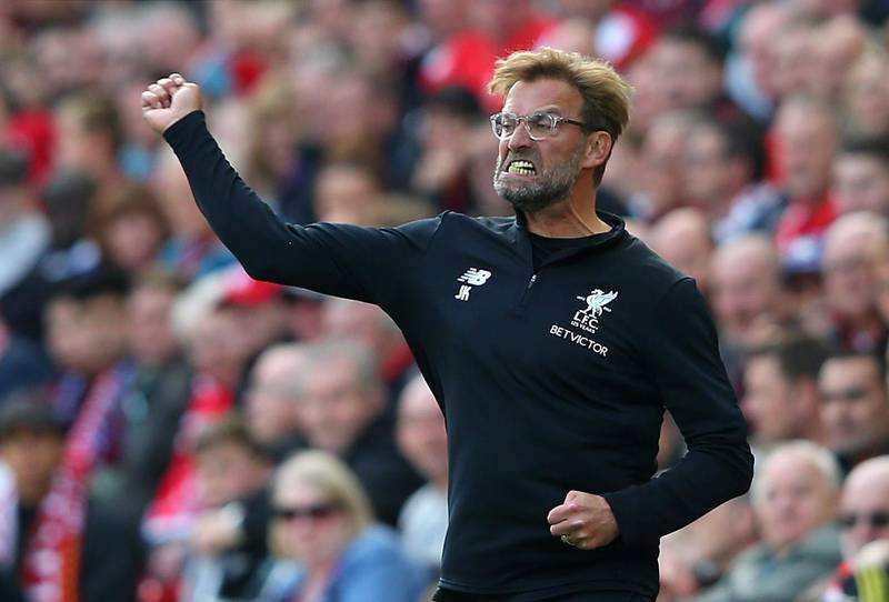 LIVERPOOL, ENGLAND - SEPTEMBER 16: Jurgen Klopp, Manager of Liverpool reacts during the Premier League match between Liverpool and Burnley at Anfield on September 16, 2017 in Liverpool, England.  (Photo by Alex Livesey/Getty Images)