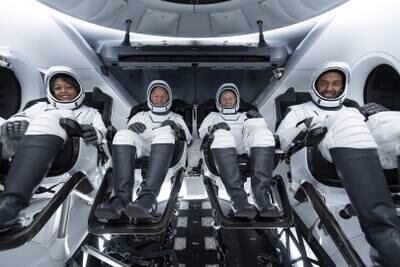 Saudi astronauts Rayyanah Barnawi and Ali Al Qarni, with their crew Peggy Whitson and John Shoffner pose for photo ahead of their mission to the International Space Station from Florida in this photo released on May 20, 2023.  Saudi Press Agency
