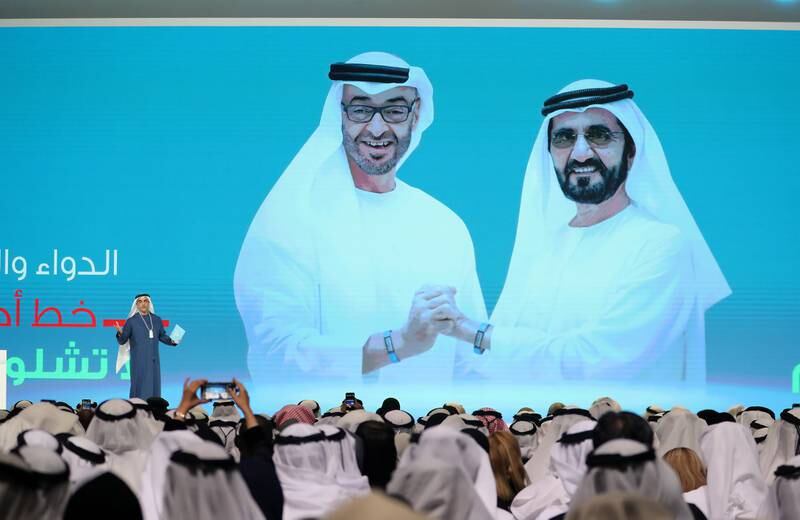 Sheikh Saif bin Zayed, Deputy Prime Minister and Minister of Interior, speaks at the closing session of the World Government Summit at Expo 2020 Dubai. Pawan Singh / The National