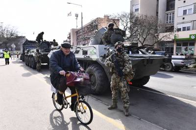 Hungarian troops in Vasarosnameny, close to the border with Ukraine, prepare to help refugees. AP Photo