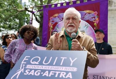 Brian Cox speaks to Equity union members during a British actors' rally at Leicester Square, London. EPA