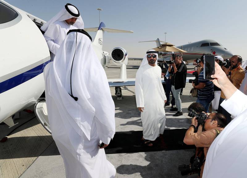 Dubai, United Arab Emirates - December 10, 2018: Sheikh Ahmed bin Saeed Al Maktoum gets off a Honda Jet Elite. MEBAA Show 2018. Monday the 10th of December 2018 at Al Maktoum International Airport, Dubai. Chris Whiteoak / The National