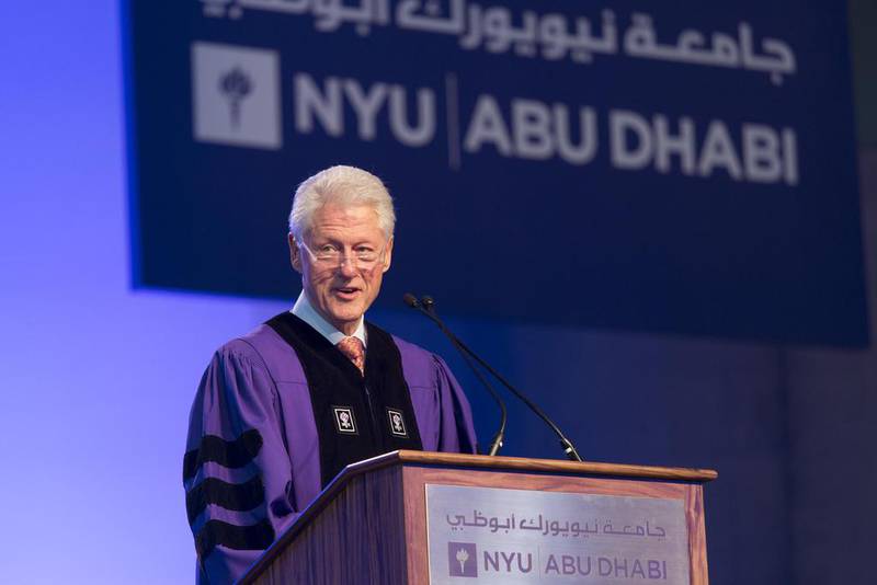 The former United States president Bill Clinton addresses New York University Abu Dhabi’s first graduation ceremony.  Philip Cheung /  The National

