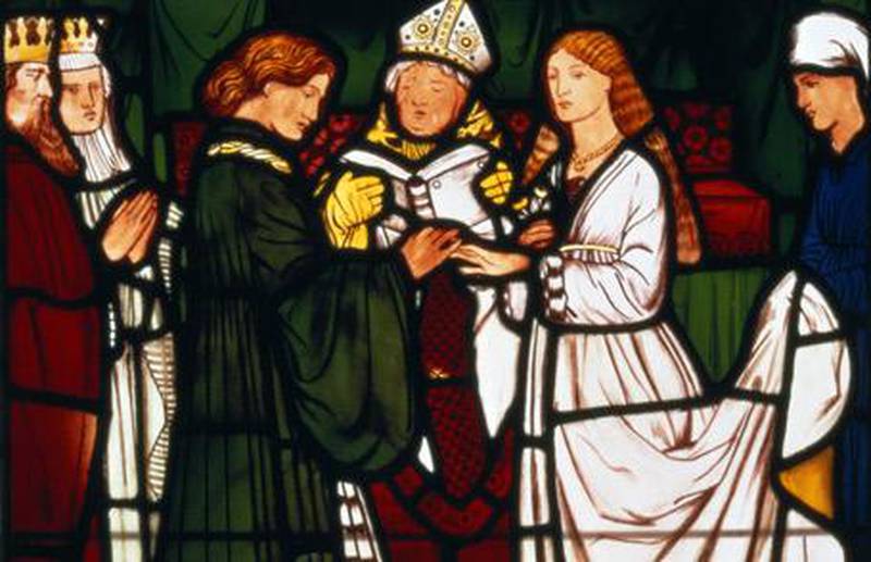 The Marriage of Tristan and Iseult, a 19th-century stained glass design by Edward Coley Burne-Jones.