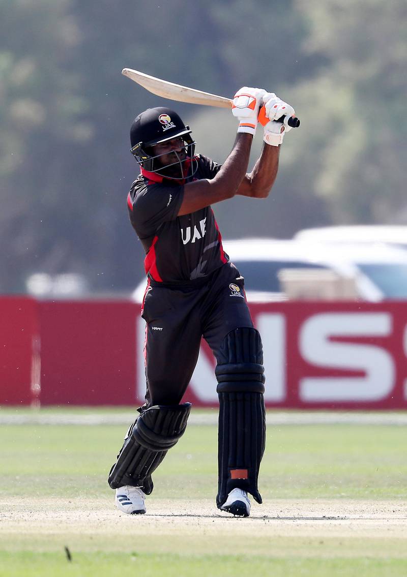 ABU DHABI , UNITED ARAB EMIRATES , October 24  – 2019 :- Zawar Farid of UAE playing a shot during the World Cup T20 Qualifiers between UAE vs Nigeria held at Tolerance Oval cricket ground in Abu Dhabi. UAE won the match by 5 wickets.  ( Pawan Singh / The National )  For Sports. Story by Paul