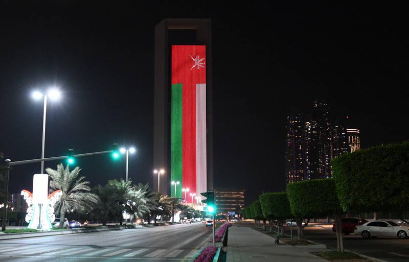 Abu Dhabi, United Arab Emirates - ADNOC tower celebrates Oman Golden Jubilee with the nationÕs flag. Khushnum Bhandari for The National