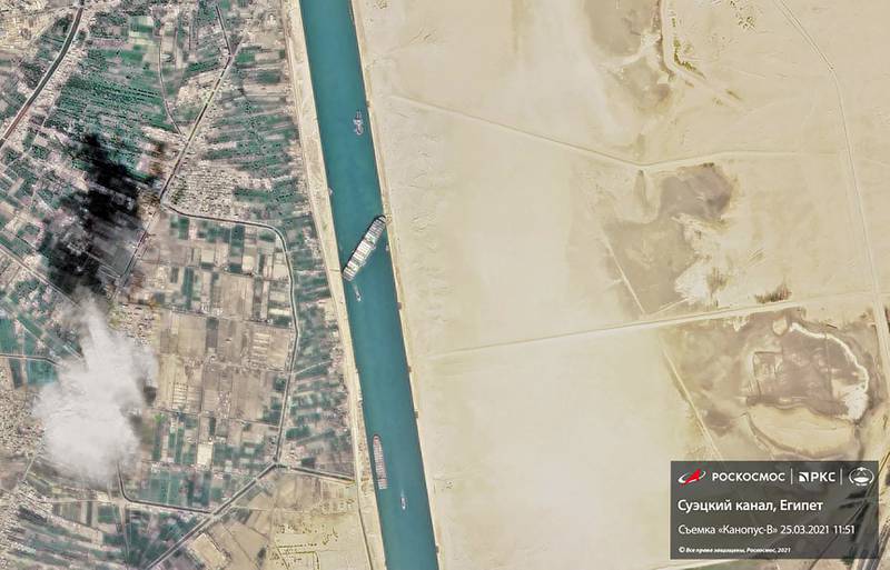 The 'Ever Given' container ship blocks the Suez Canal, Egypt. The 400-metre container ship remained wedged across the water channel for six days after it was knocked off course during a sandstorm on March 23. Getty Images