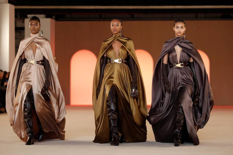 Models present creations by designer Olivier Rousteing as part of his Fall/Winter 2020/21 women's ready-to-wear collection show for fashion house Balmain during Paris Fashion Week in Paris, France, February 28, 2020.  REUTERS/Gonzalo Fuentes