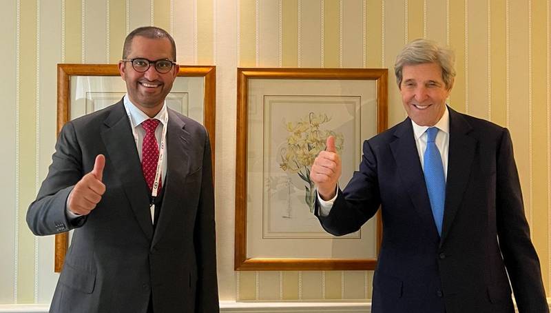 Dr Sultan Al Jaber, Minister of Industry and Advanced Technology and UAE Special Envoy for Climate Change, and US special presidential envoy for climate John Kerry. UAE