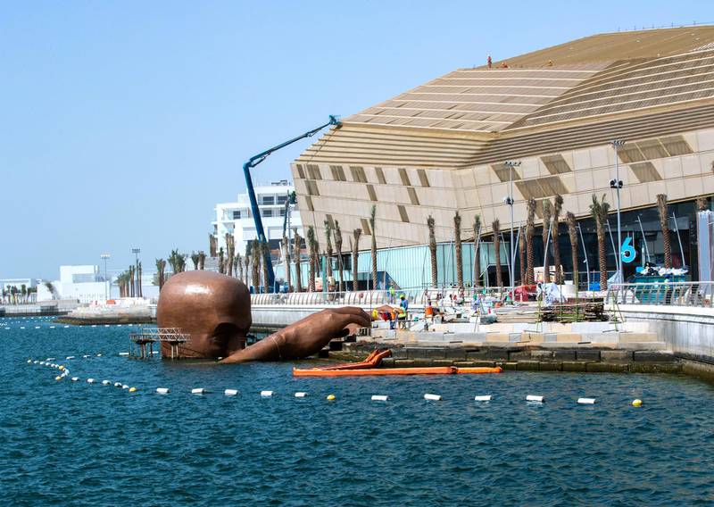 Abu Dhabi, United Arab Emirates, March 2, 2021.  Large sculpture coming out of the water at Etihad Arena.Victor Besa / The NationalSection:  NAReporter:  Gillian Duncan