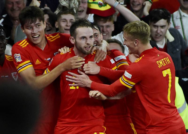 Wales' Rhys Norrington-Davies celebrates scoring against Netherlands. Reuters