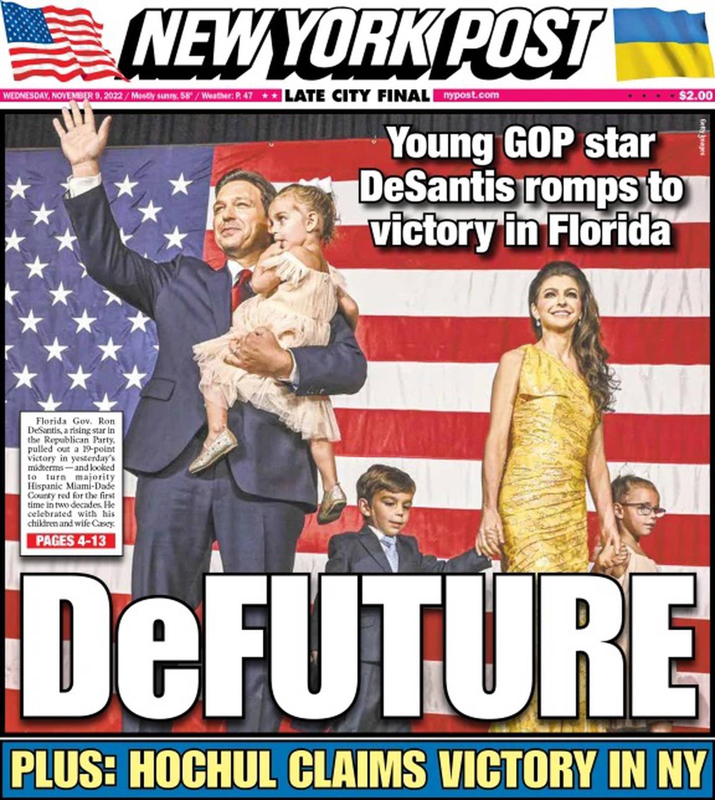 The front page of the New York Post heralds Ron DeSantis's re-election as Florida governor. Photo: Screengrab