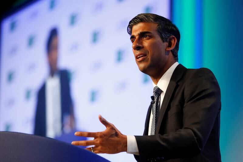 Britain's Chancellor Rishi Sunak speaking at the Confederation of British Industry's annual dinner in London on Wednesday. Reuters